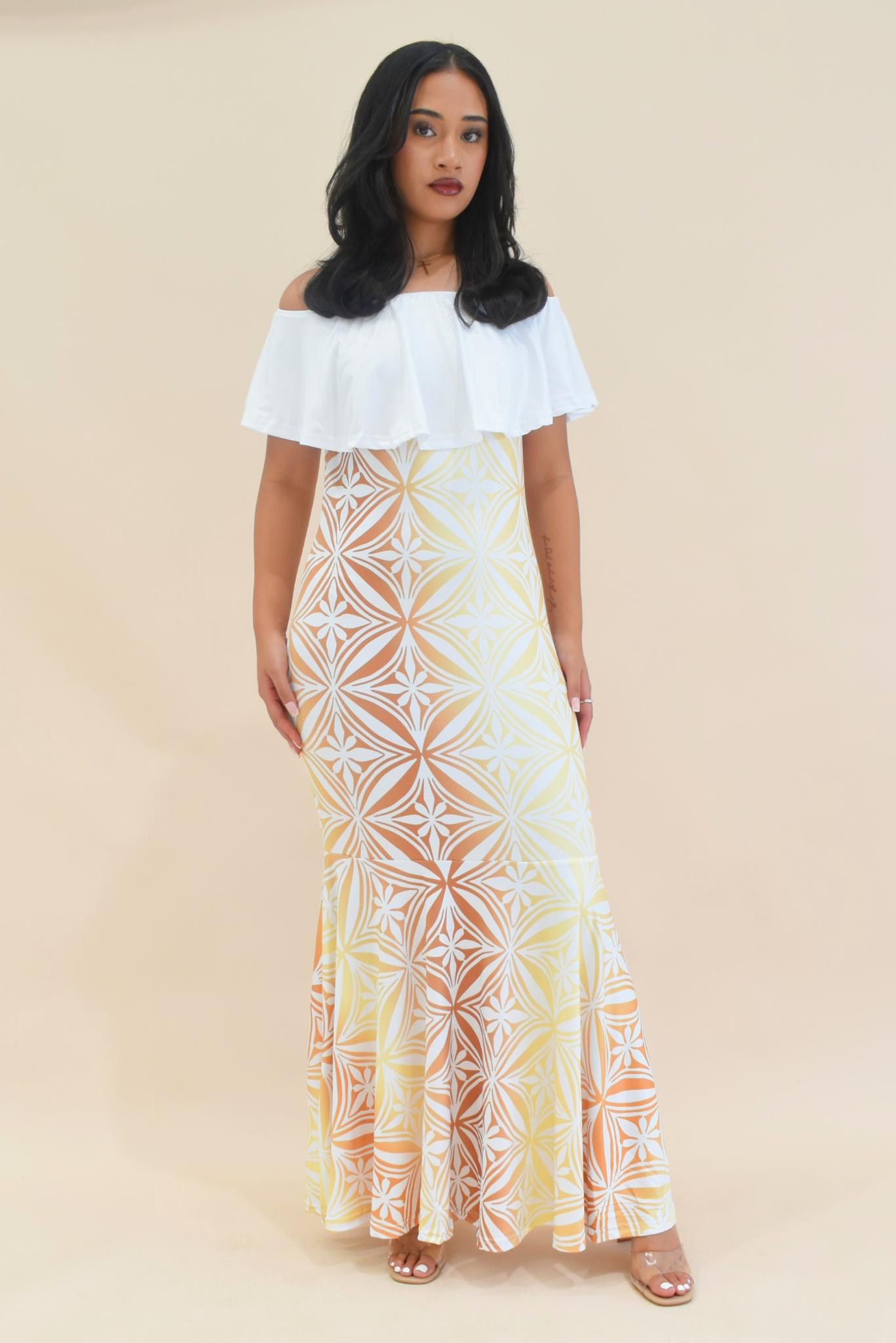 (PRE-ORDER) SERENA DRESS - OFF SHOULDER FRILL MAXI - GOLD & WHITE