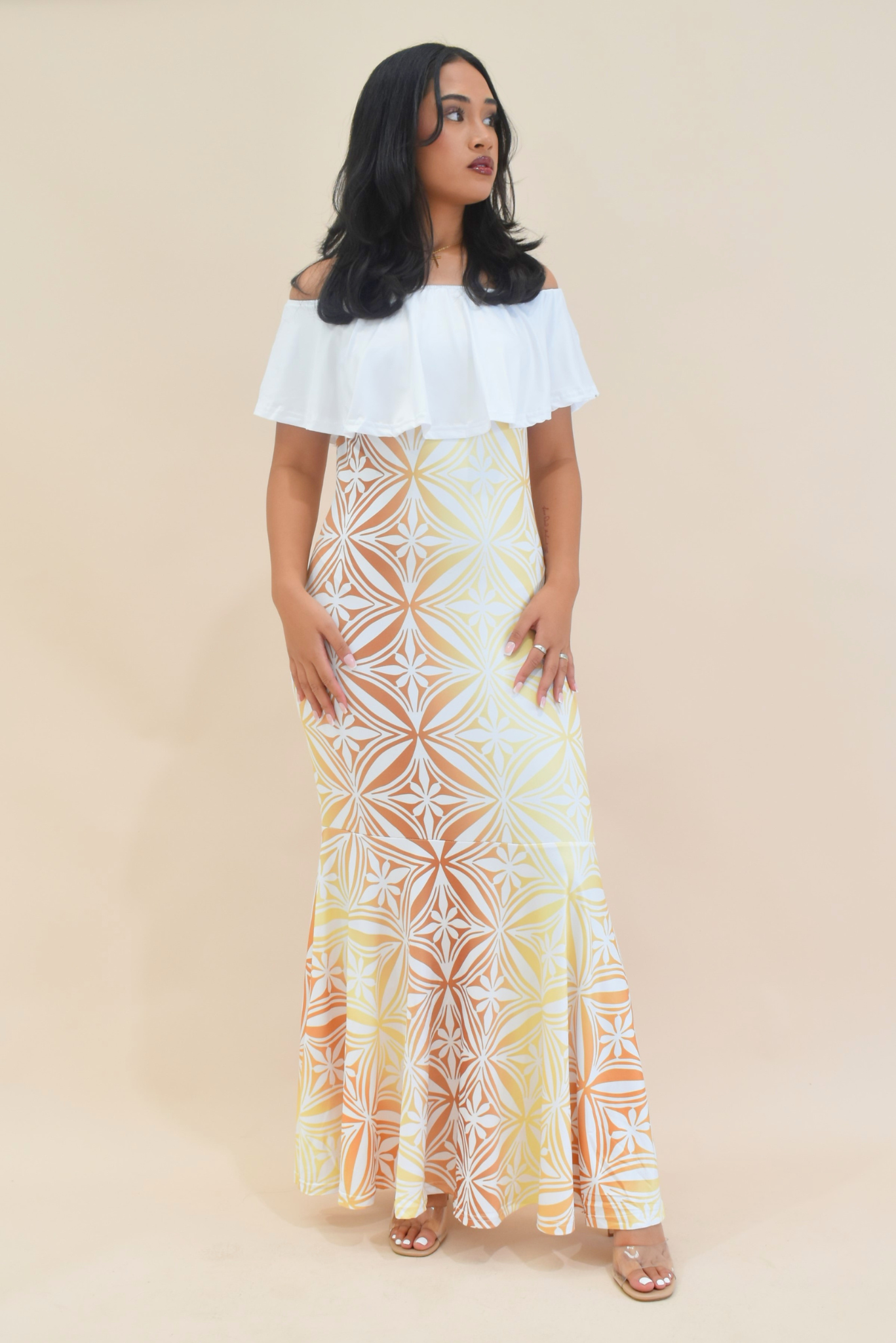 (PRE-ORDER) SERENA DRESS - OFF SHOULDER FRILL MAXI - GOLD & WHITE