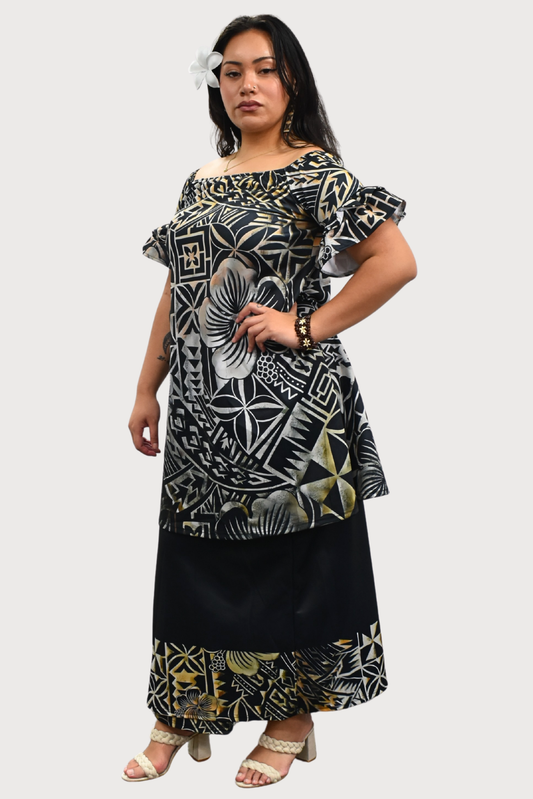 PULETASI - FLOWY FRILL SLEEVE TOP PULETASI - GREY & BLACK