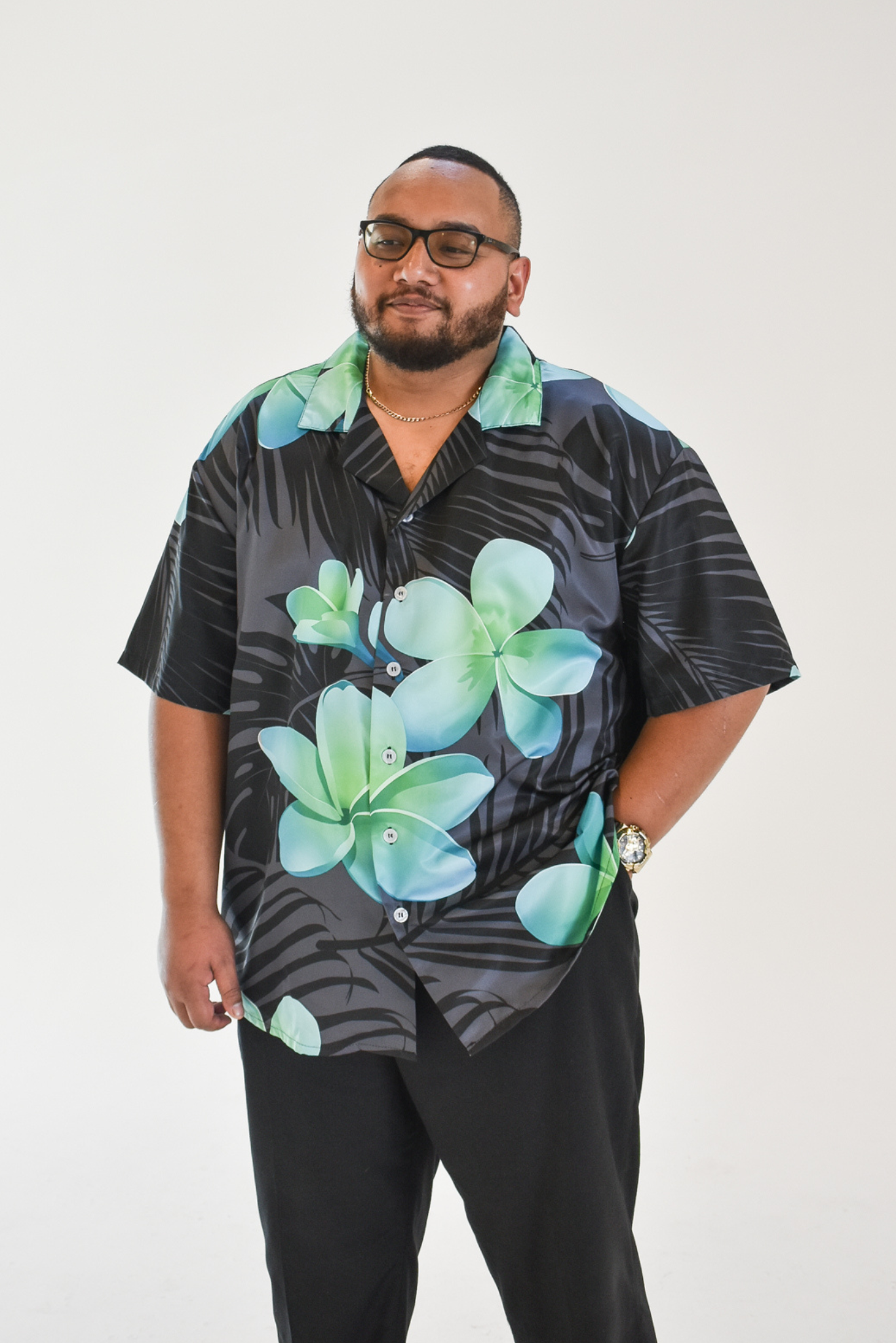 MALOSI SHIRT - COLLARED BUTTON UP SHIRT - BLACK & GREEN FLORAL PATTERN
