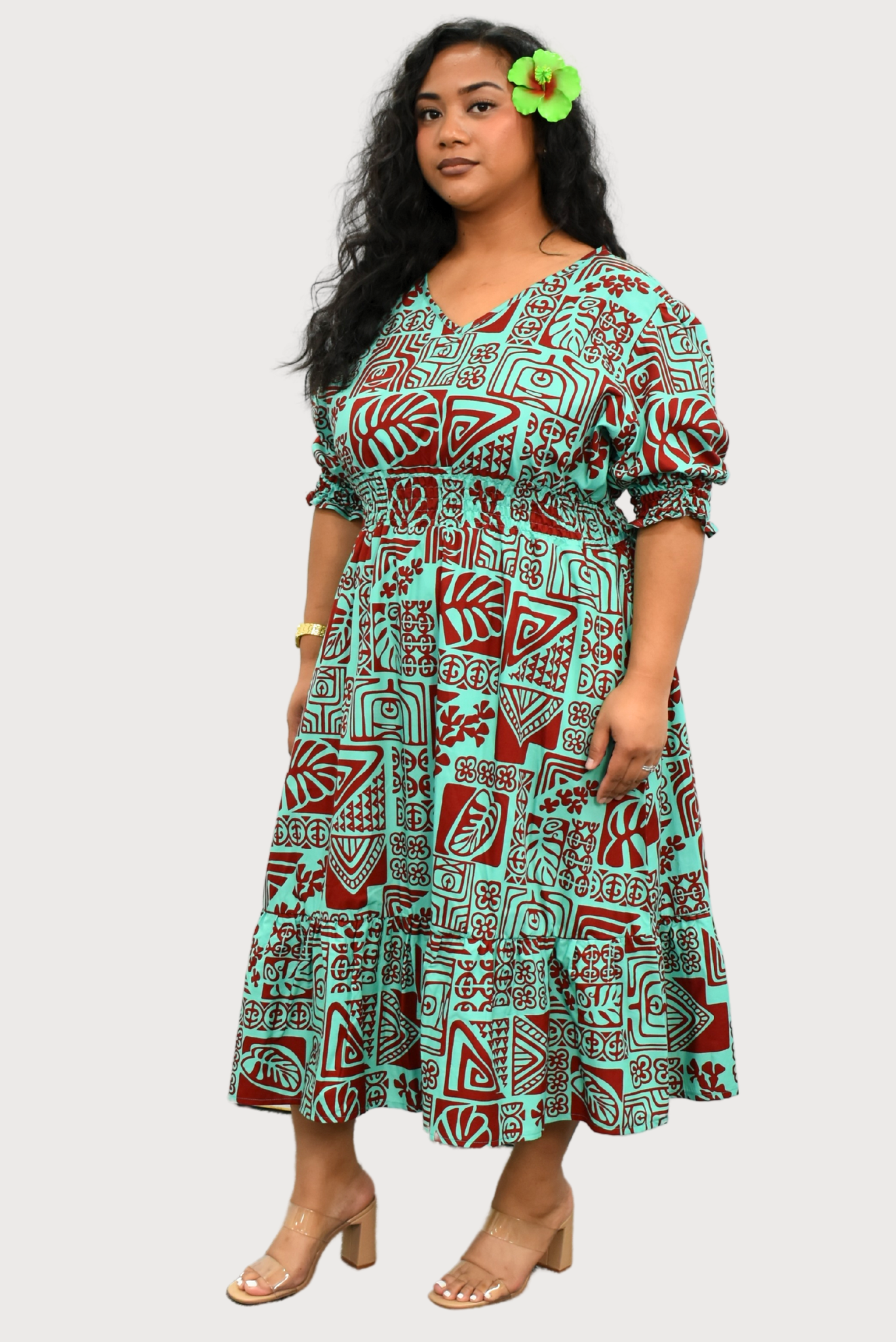 ANNA DRESS - ELASTIC WAIST A-LINE DRESS - MINT & MAROON