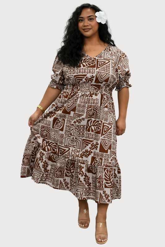 ANNA DRESS - ELASTIC WAIST A-LINE DRESS - BROWN & TAN