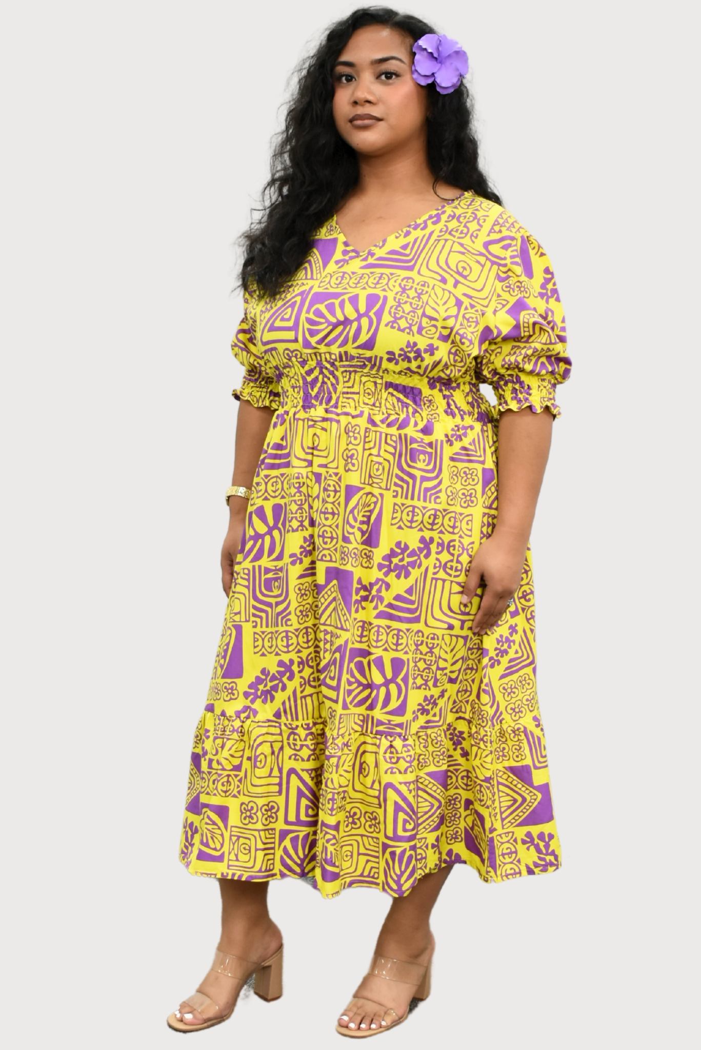 ANNA DRESS - ELASTIC WAIST A-LINE DRESS - YELLOW & PURPLE