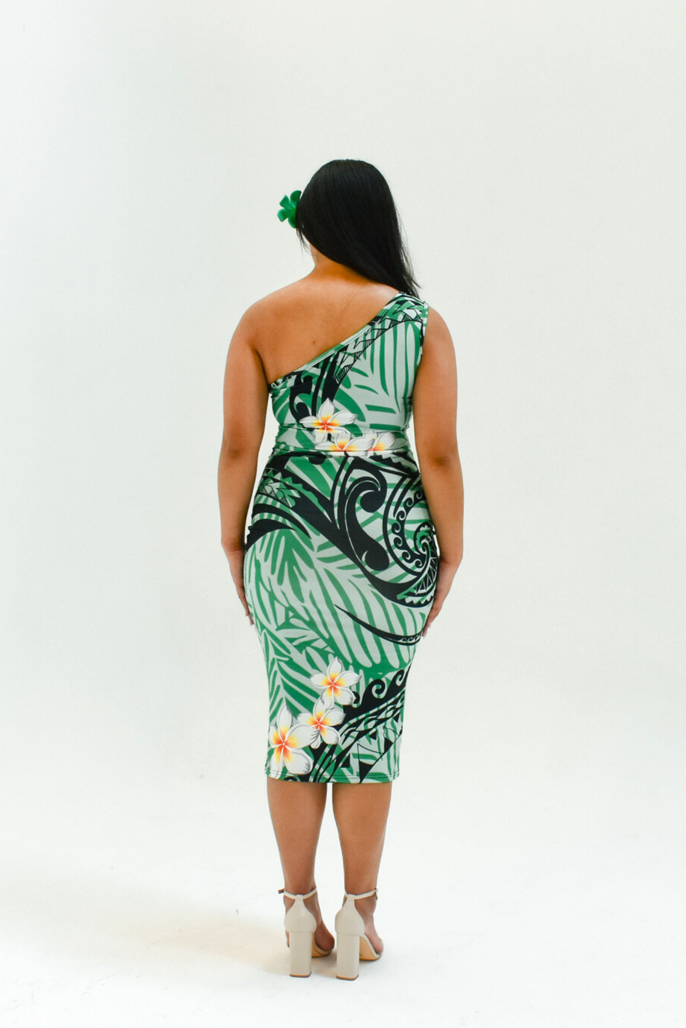 DAVINA DRESS - ONE SLEEVE MIDI LENGTH - GREEN & BLACK