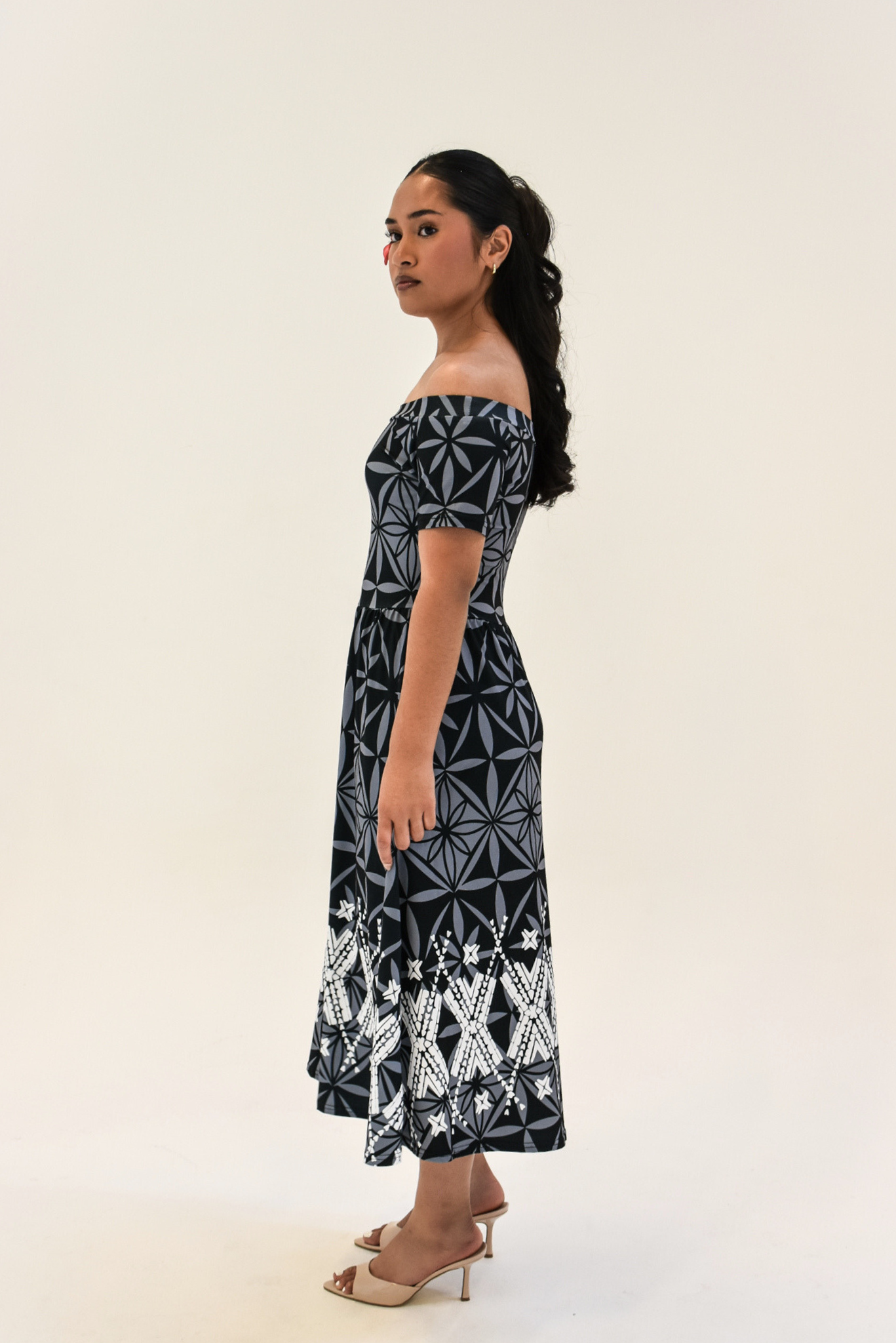 MONA DRESS - A LINE MIDI FLOW DRESS - BLACK & GREY
