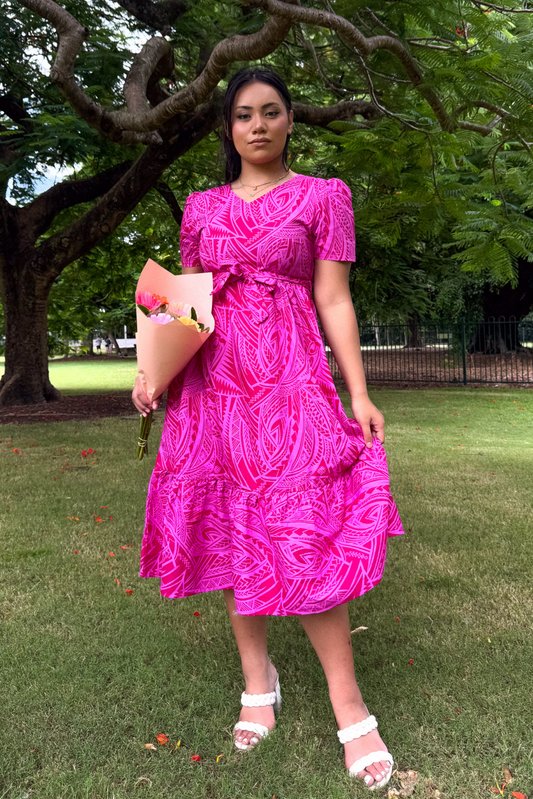 ANNA DRESS - V NECK MIDI LENGTH DRESS - HOT PINK