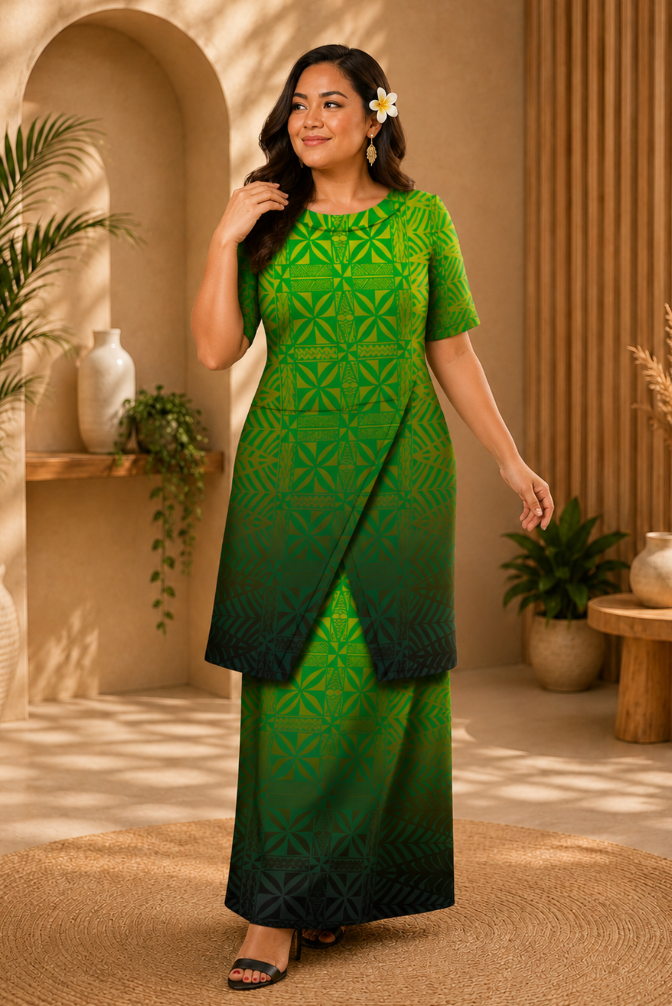 (PRE-ORDER) ROUND NECK LAYERED PULETASI - TWO PIECE OUTFIT - GREEN, YELLOW & BLACK