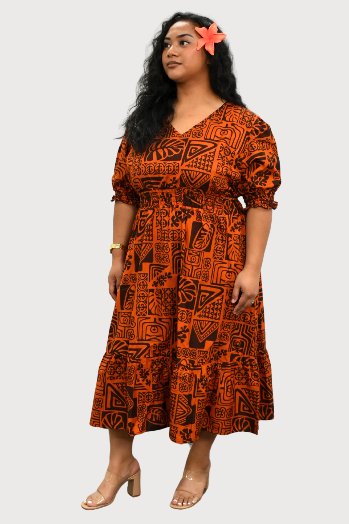 ANNA DRESS - ELASTIC WAIST A-LINE DRESS - ORANGE & BROWN