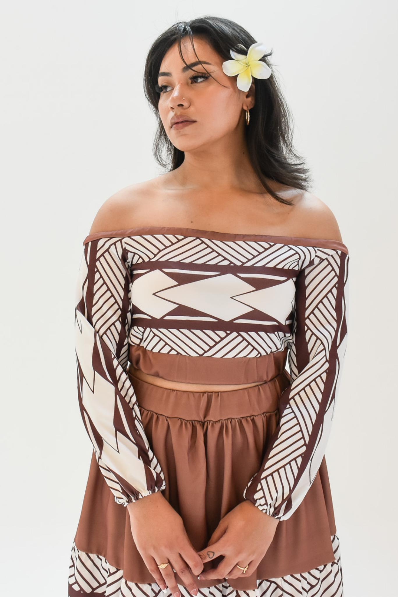 MIA DRESS - CROP TOP LONG SLEEVE DRESS - BROWN & WHITE