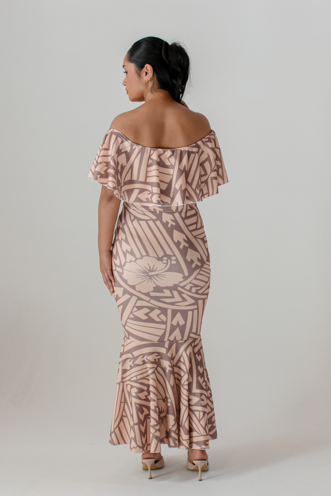 LALOLANI DRESS - OFF SHOULDER FRILL MAXI - TAN BROWN