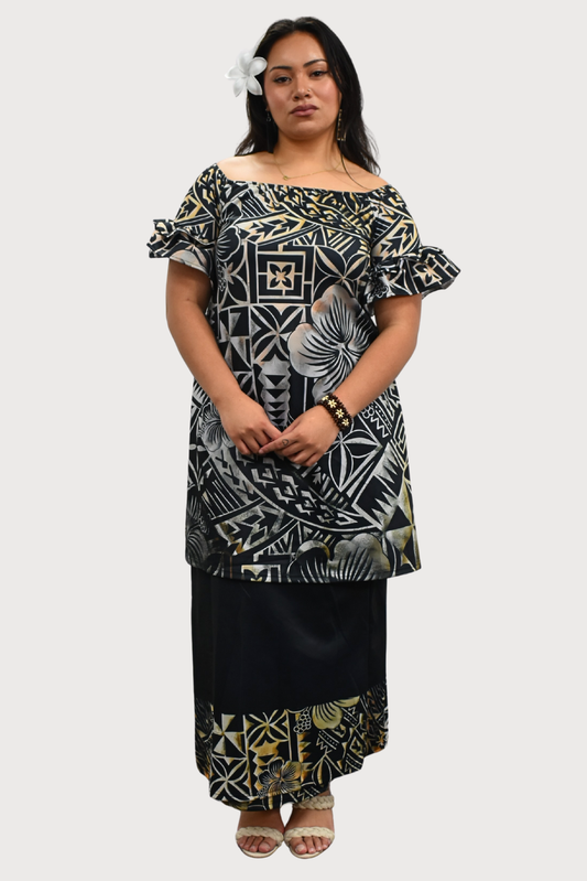 PULETASI - FLOWY FRILL SLEEVE TOP PULETASI - GREY & BLACK