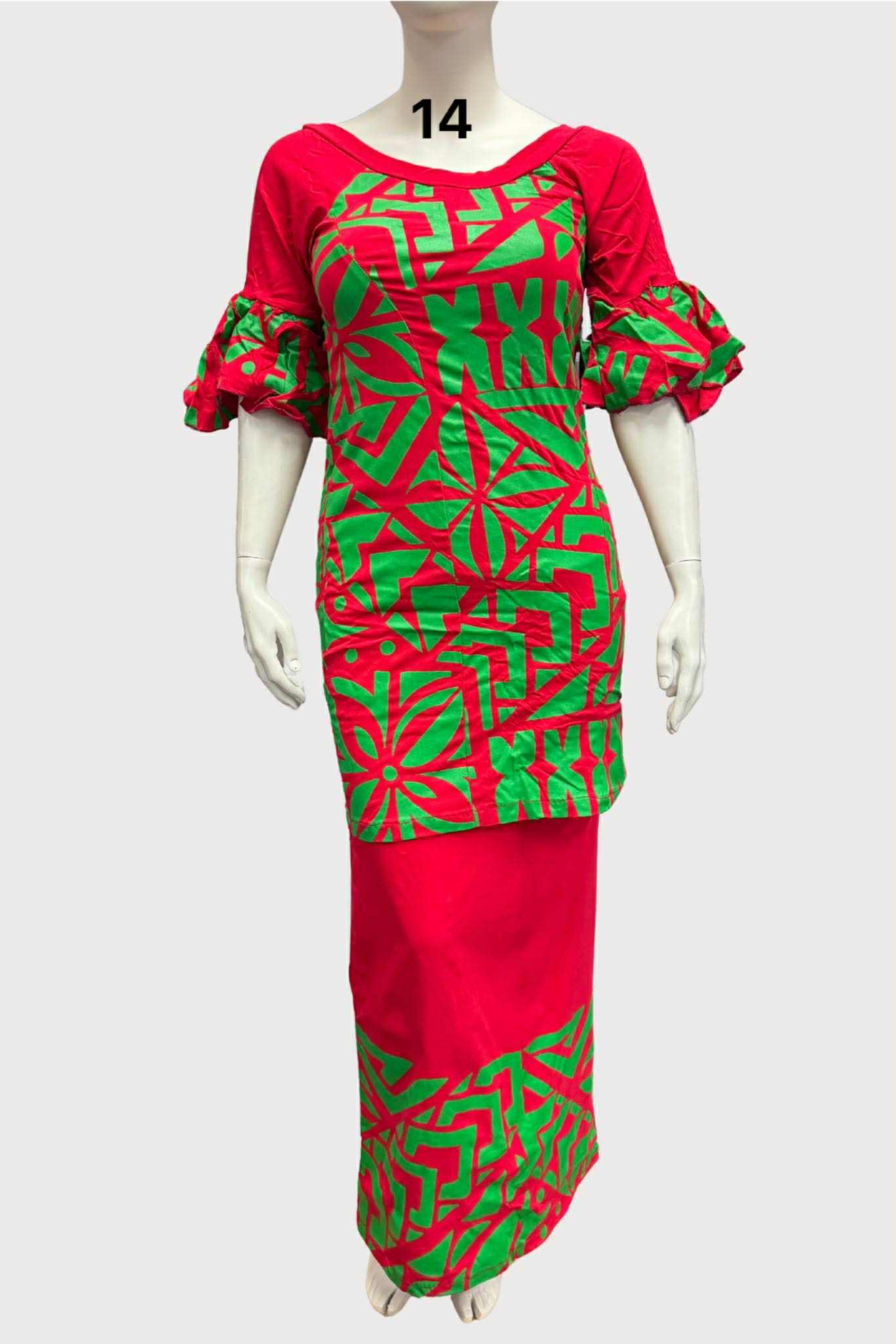 RED & GREEN FRILL SLEEVE PULETASI - SIZE 14