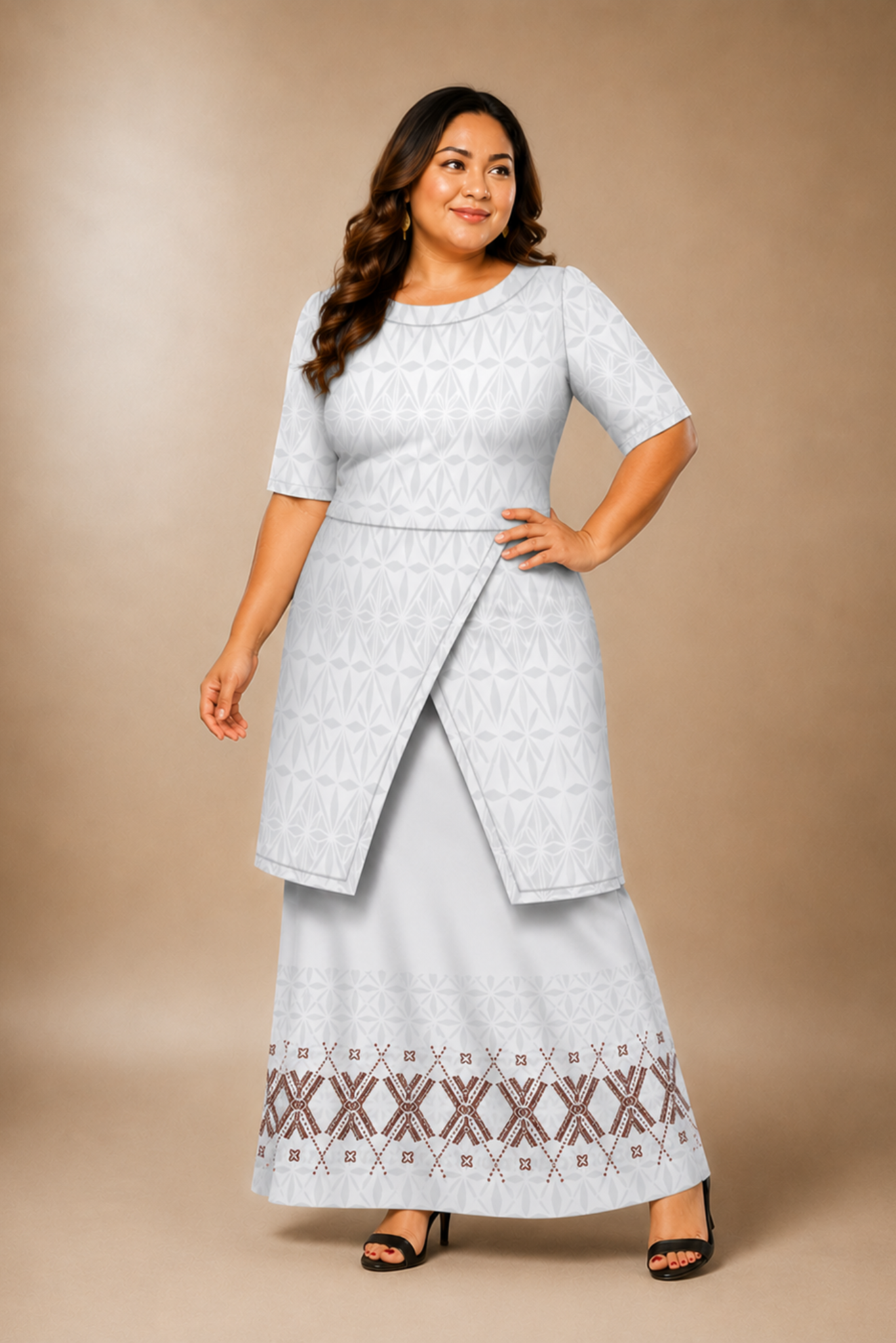 (PRE-ORDER) ROUND NECK LAYERED PULETASI - TWO PIECE OUTFIT - WHITE & GREY