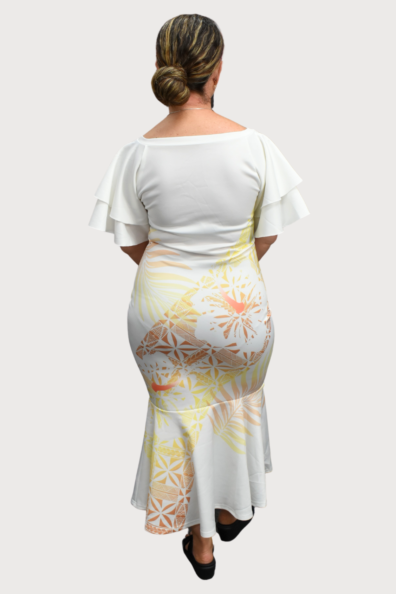 Teina Dress - White & Gold Mermaid Dress with Double Layered Sleeves