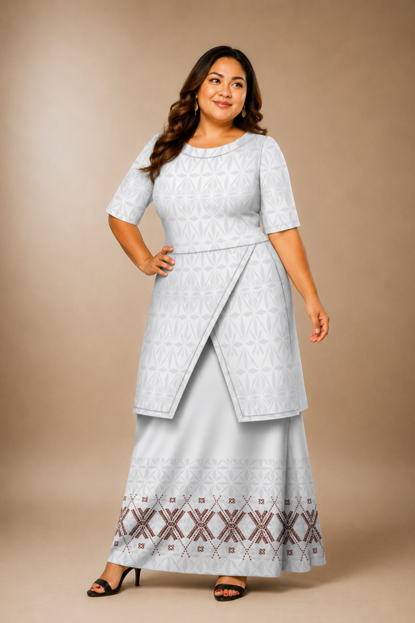 (PRE-ORDER) ROUND NECK LAYERED PULETASI - TWO PIECE OUTFIT - WHITE & GREY
