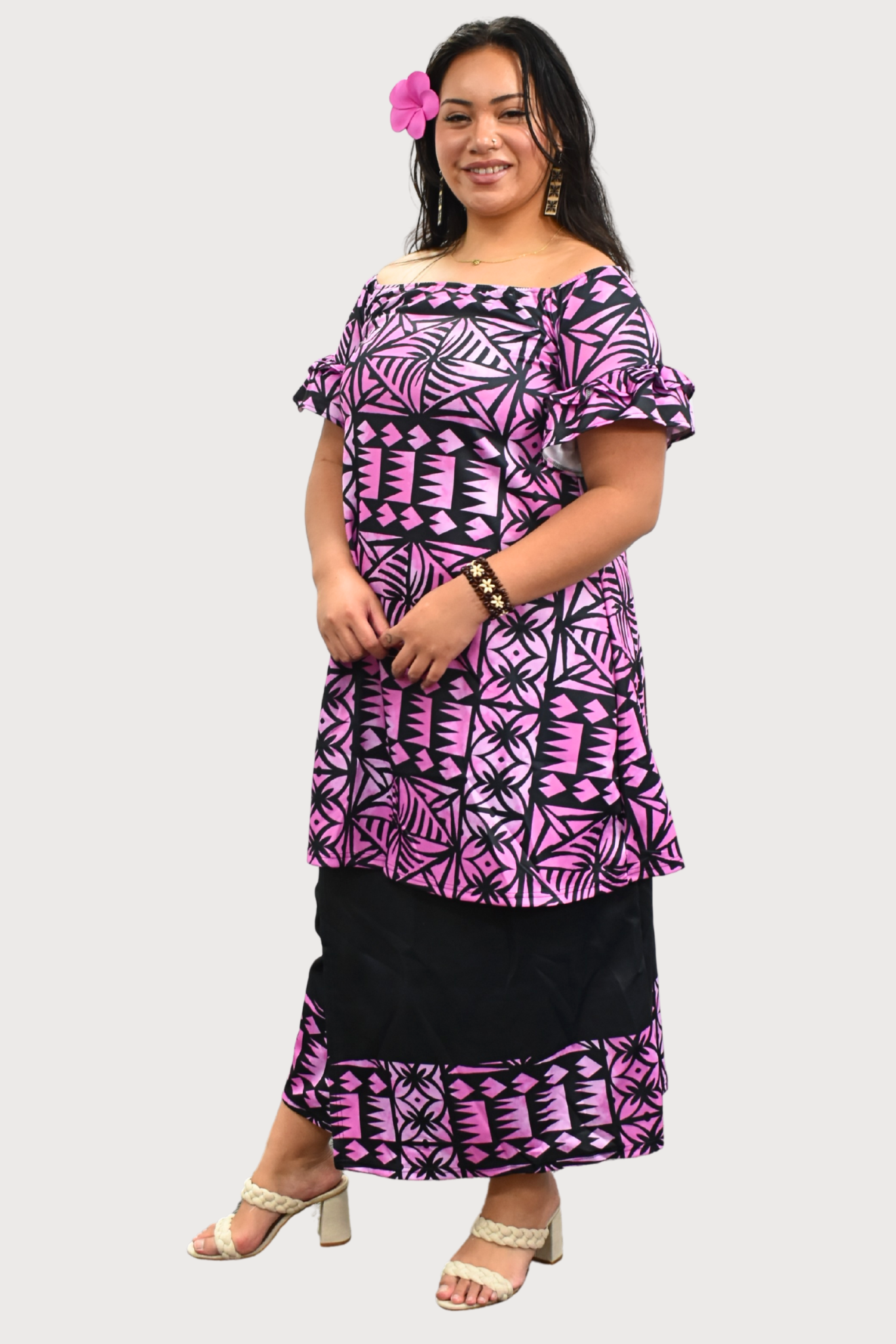 PULETASI - FLOWY FRILL SLEEVE TOP PULETASI - PURPLE & BLACK