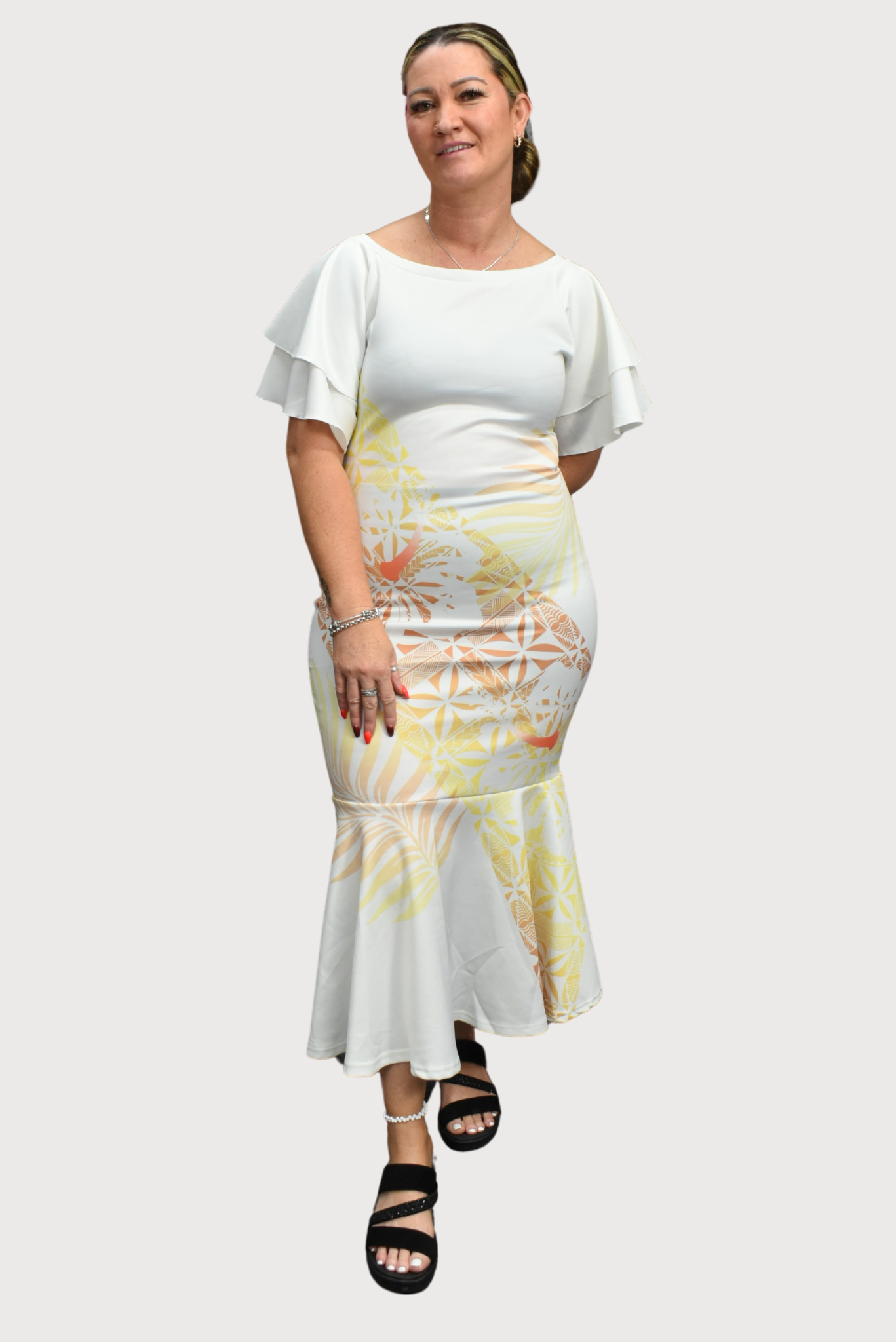 Teina Dress - White & Gold Mermaid Dress with Double Layered Sleeves
