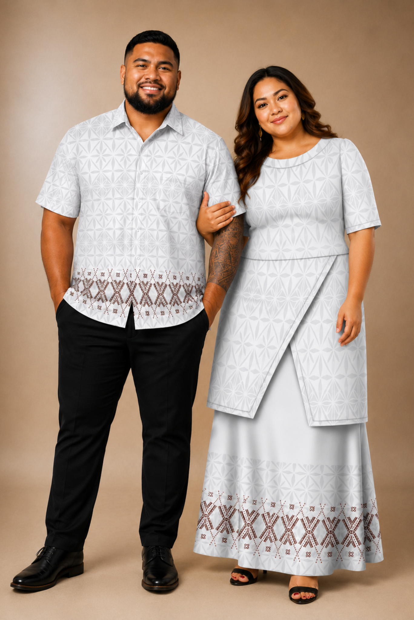 (PRE-ORDER) ROUND NECK LAYERED PULETASI - TWO PIECE OUTFIT - WHITE & GREY