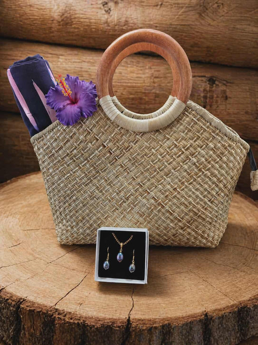 Floral Jewellery Bundle – Woven Bag, Sarong, Flower & Pearl Set