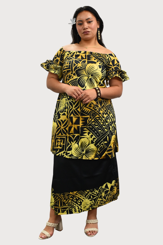 PULETASI - FLOWY FRILL SLEEVE TOP PULETASI - GOLD & BLACK