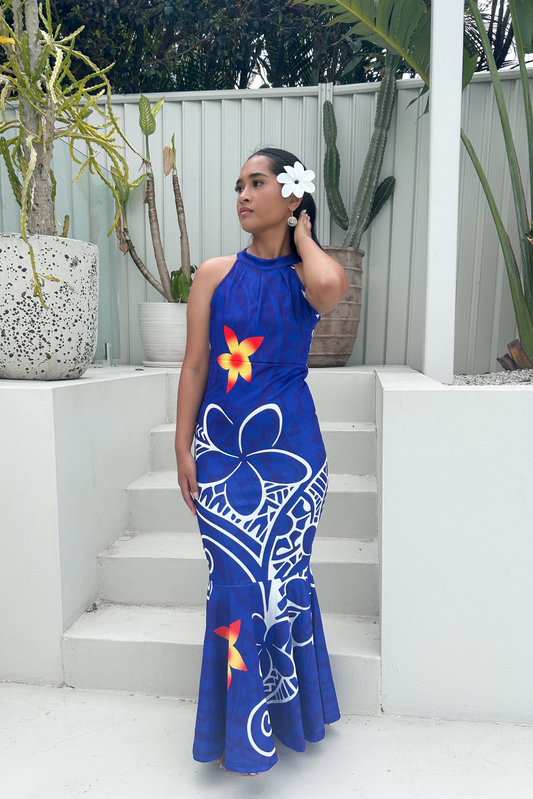 (PRE-ORDER) LUISA DRESS - HALTER MAXI LENGTH DRESS - BLUE & WHITE