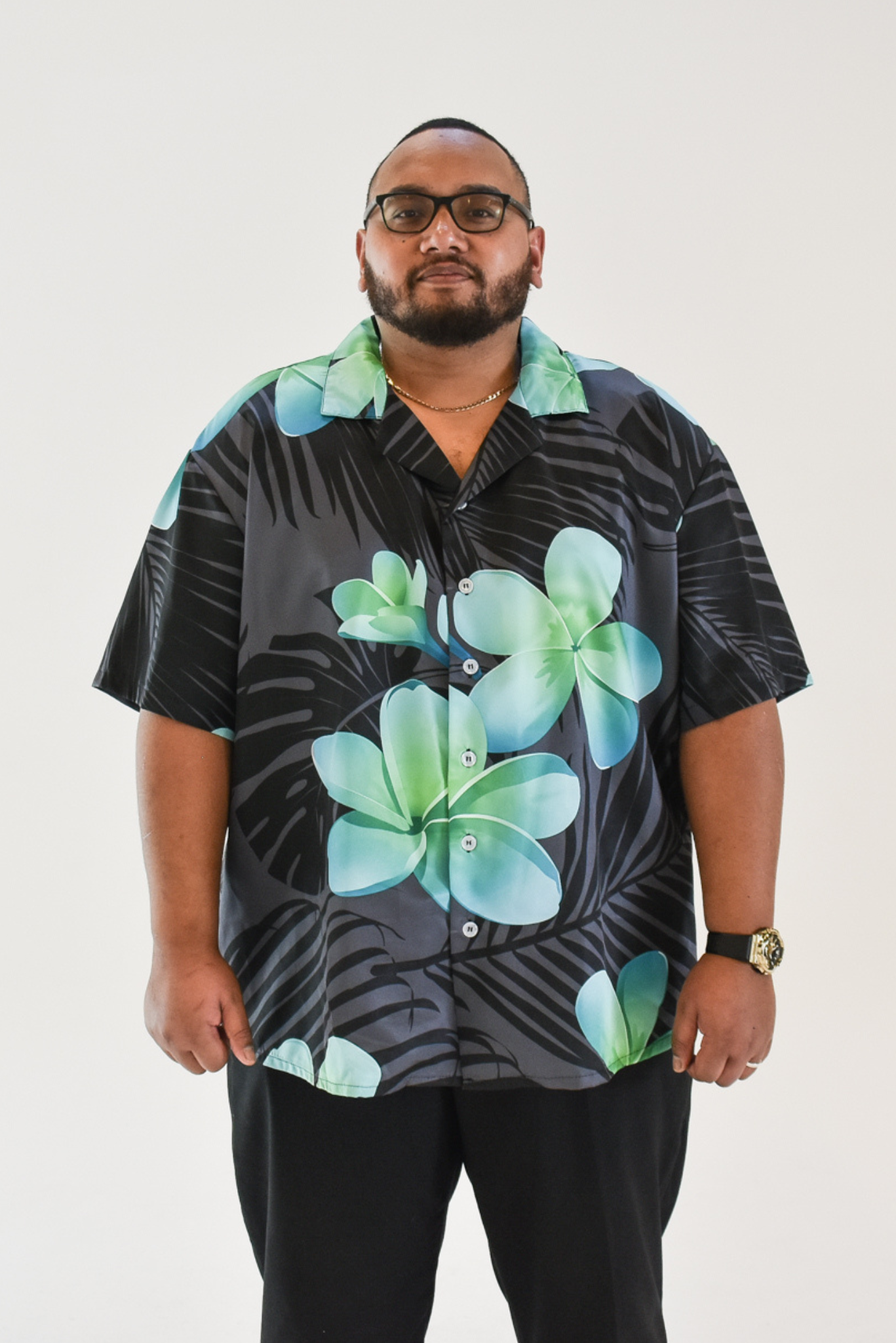 MALOSI SHIRT - COLLARED BUTTON UP SHIRT - BLACK & GREEN FLORAL PATTERN