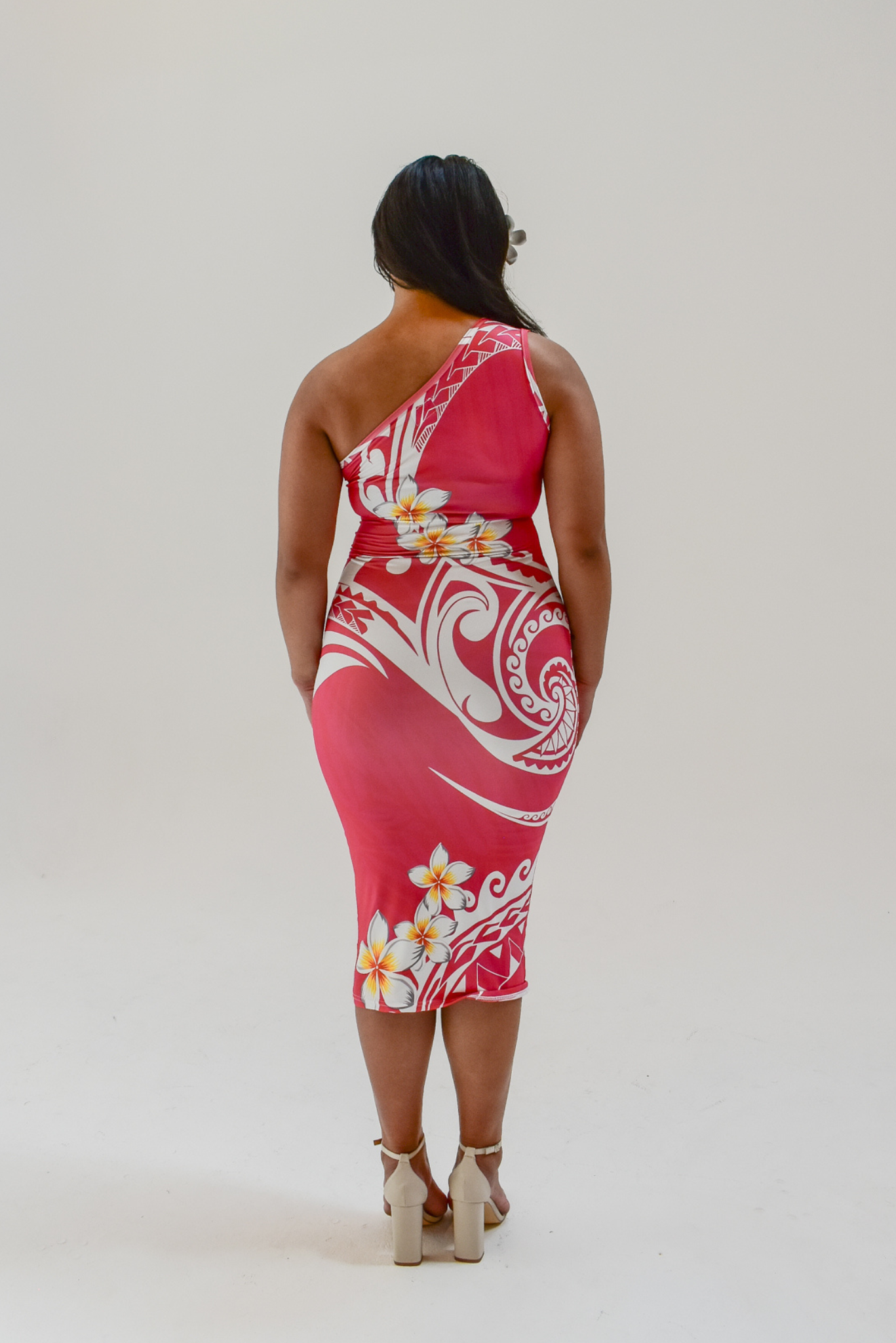 DAVINA DRESS - ONE SLEEVE MIDI LENGTH - PINK & WHITE