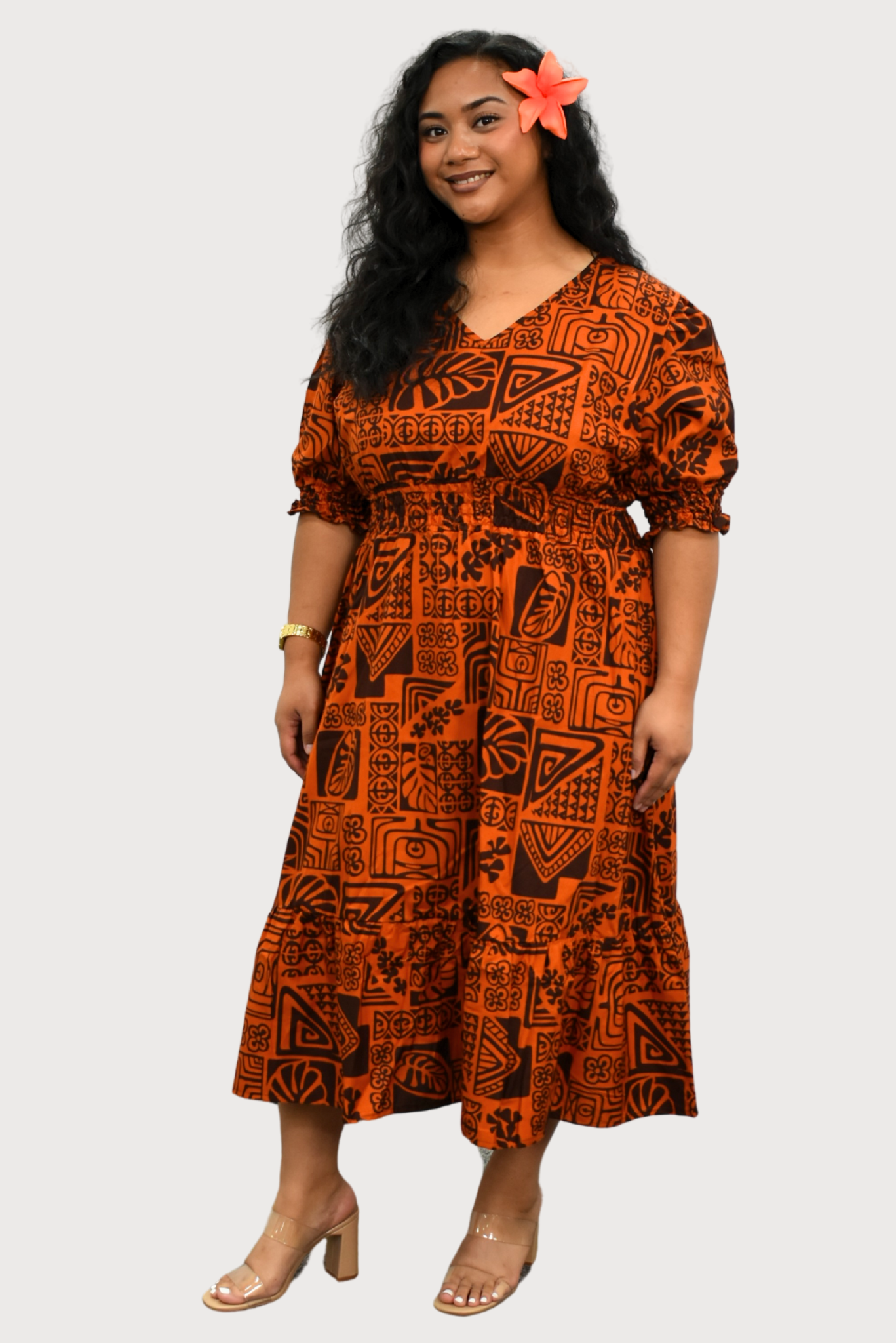 ANNA DRESS - ELASTIC WAIST A-LINE DRESS - ORANGE & BROWN