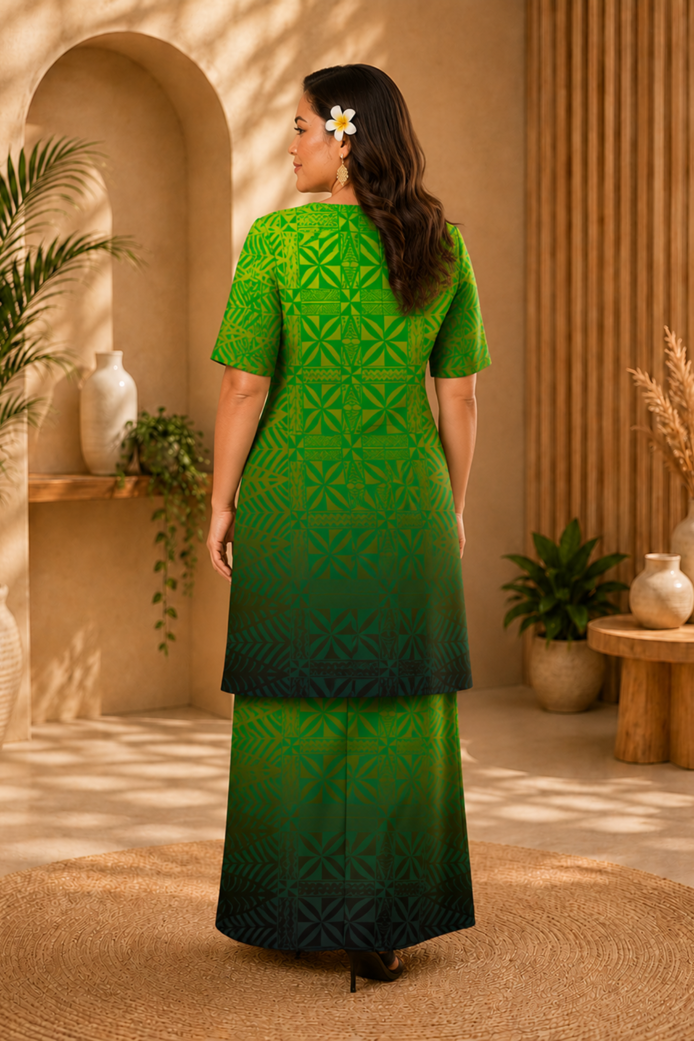 (PRE-ORDER) ROUND NECK LAYERED PULETASI - TWO PIECE OUTFIT - GREEN, YELLOW & BLACK