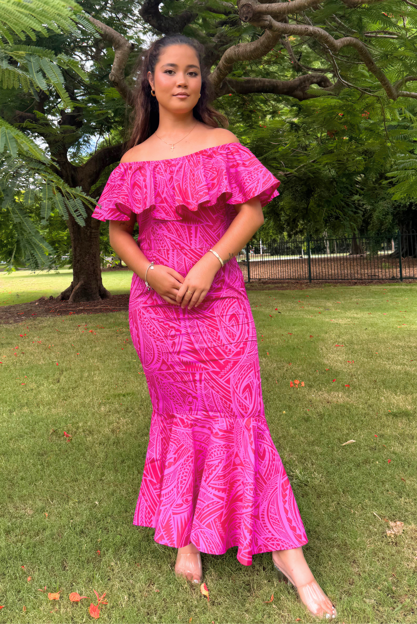 LEIA DRESS - OFF SHOULDER FRILL MAXI DRESS - HOT PINK