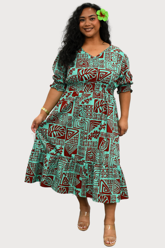 ANNA DRESS - ELASTIC WAIST A-LINE DRESS - MINT & MAROON
