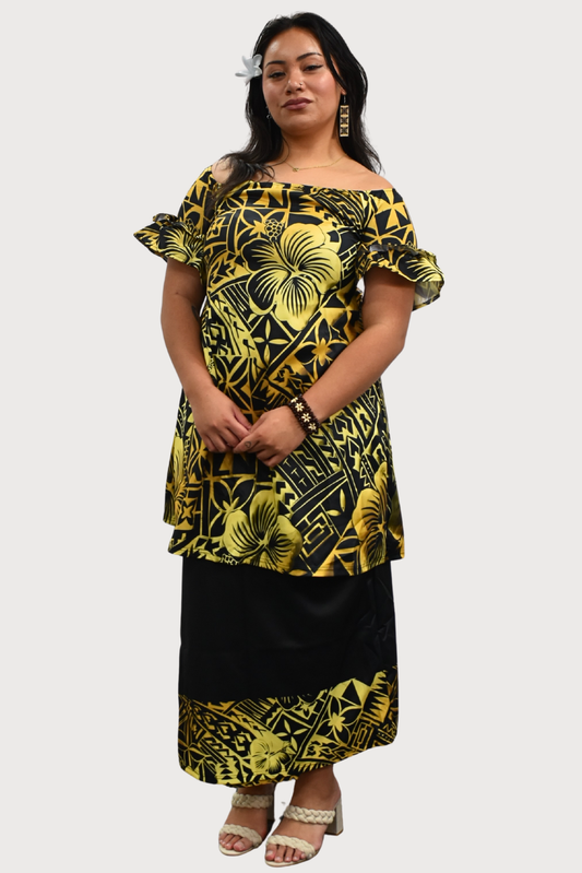 PULETASI - FLOWY FRILL SLEEVE TOP PULETASI - GOLD & BLACK