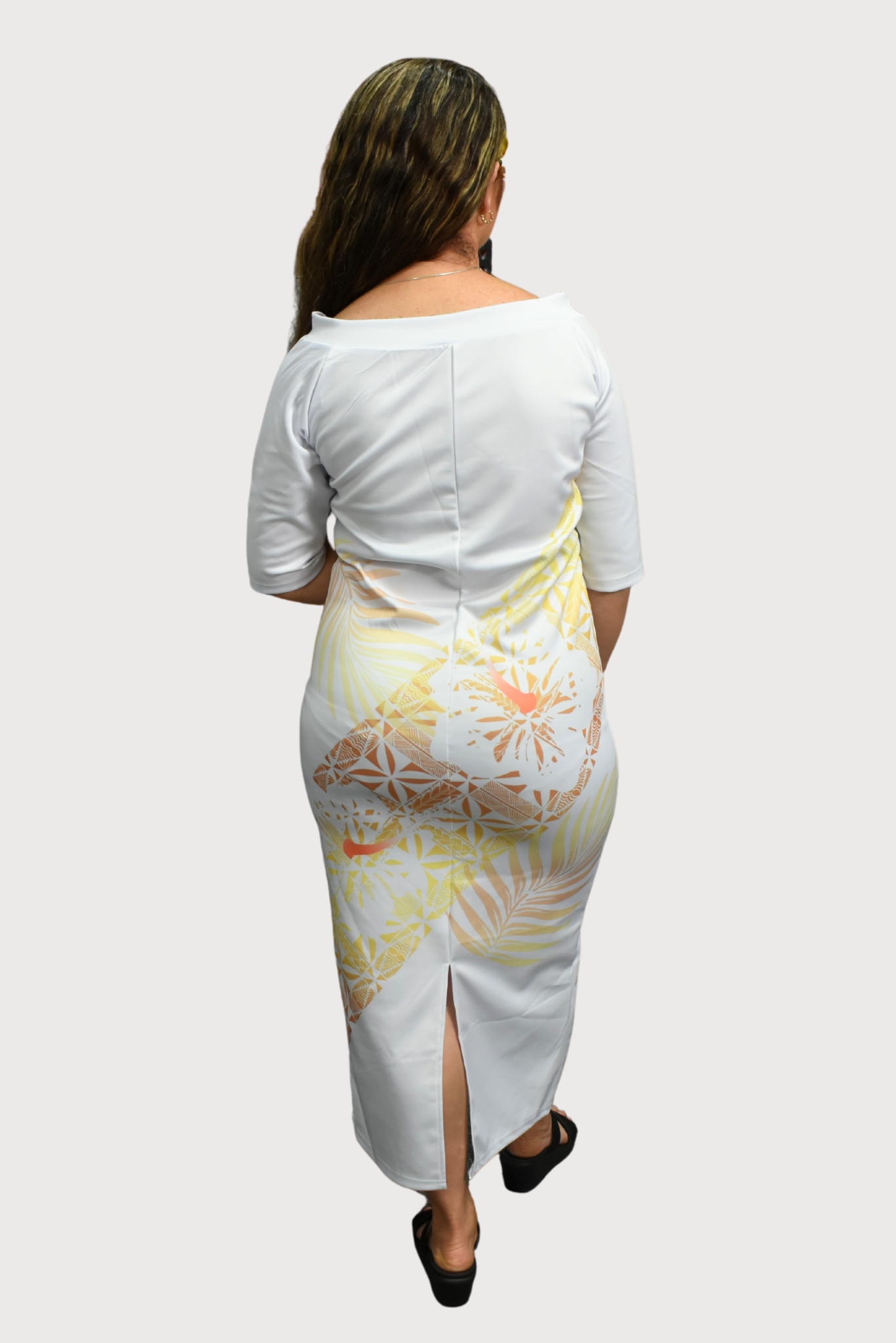 Teina Dress - White & Gold V-Neck Maxi Dress