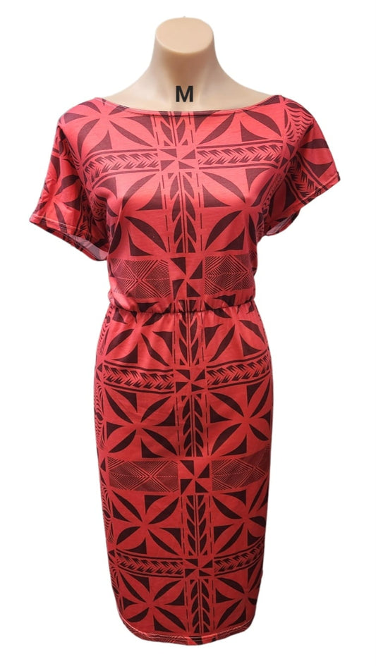 RED SHORT SLEEVE ISLAND TRIBAL DRESS -SIZE MEDIUM