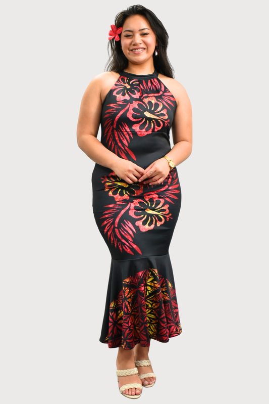 BLACK & RED FLORAL - HALTER FLARE MAXI LENGTH