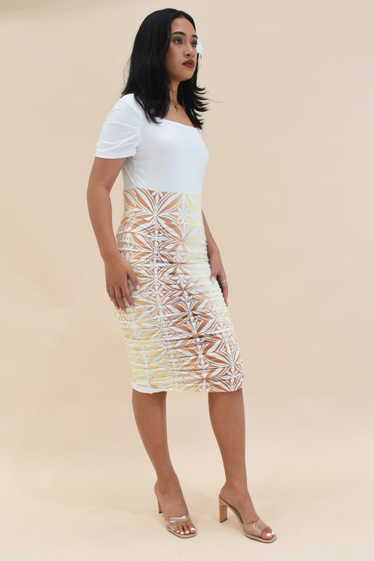 (PRE-ORDER) SQUARE NECK MIDI RUCHED DRESS - GOLD & WHITE