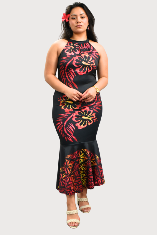 BLACK & RED FLORAL - HALTER FLARE MAXI LENGTH