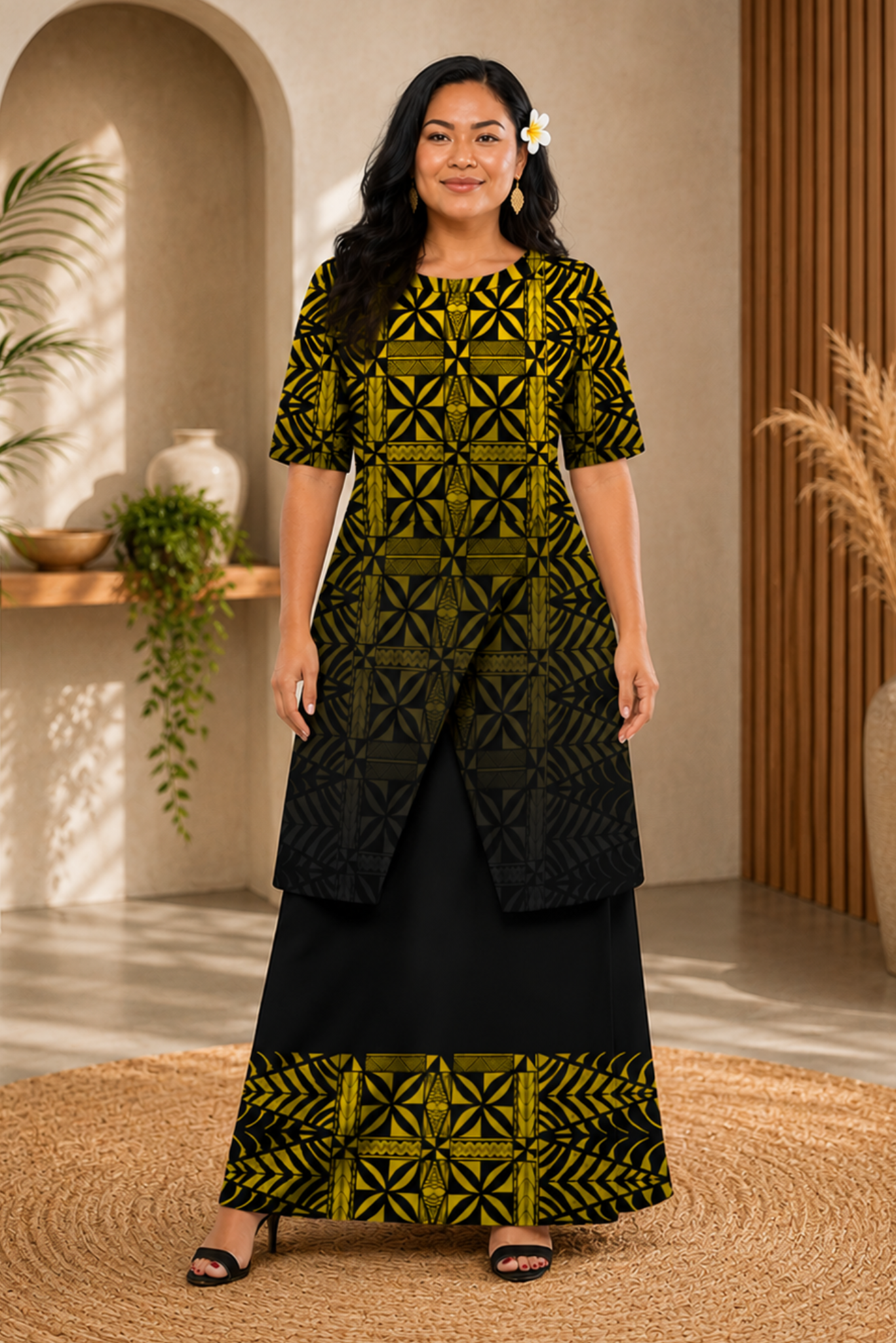 (PRE-ORDER) ROUND NECK LAYERED PULETASI - TWO PIECE OUTFIT - YELLOW & BLACK