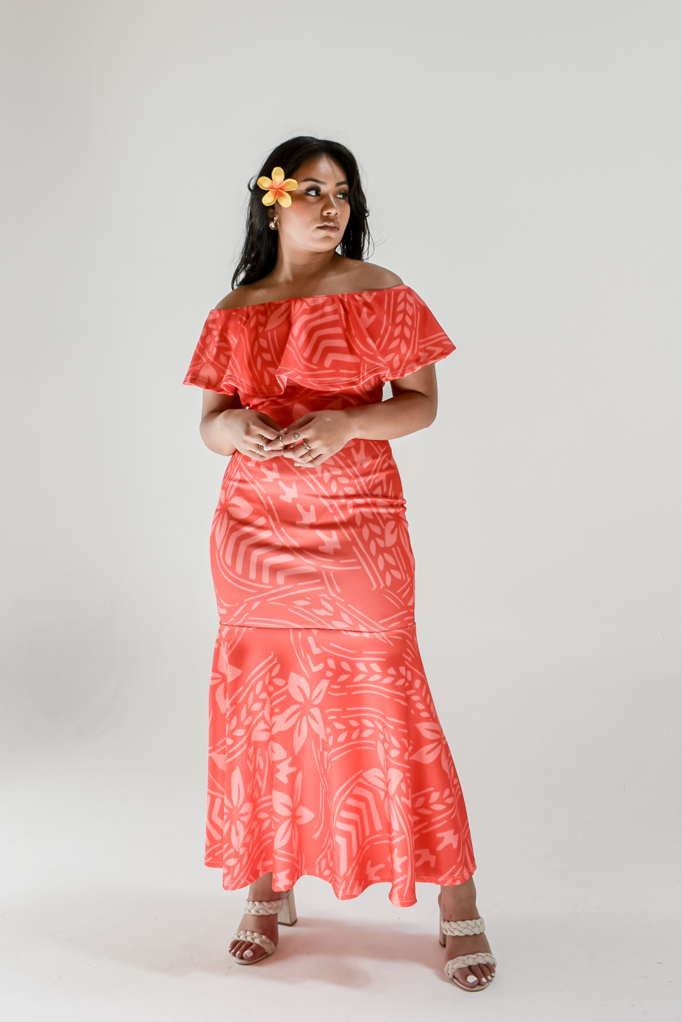 MAMANA DRESS - OFF SHOULDER FRILL MAXI - RED