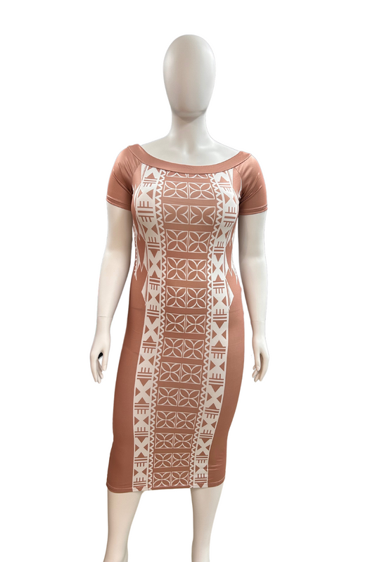 ROUND NECK MIDI DRESS - BROWN AND WHITE