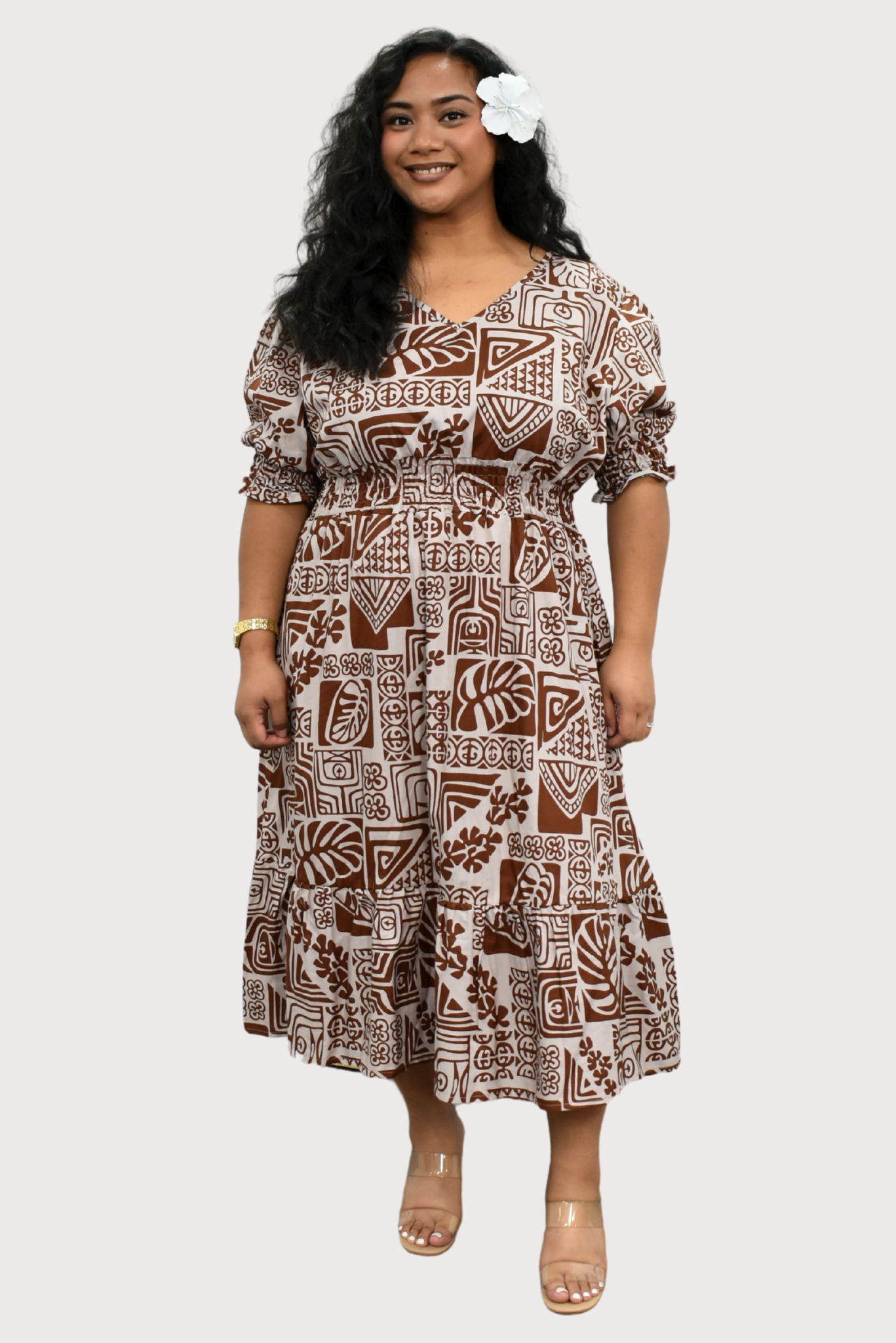 ANNA DRESS - ELASTIC WAIST A-LINE DRESS - BROWN & TAN