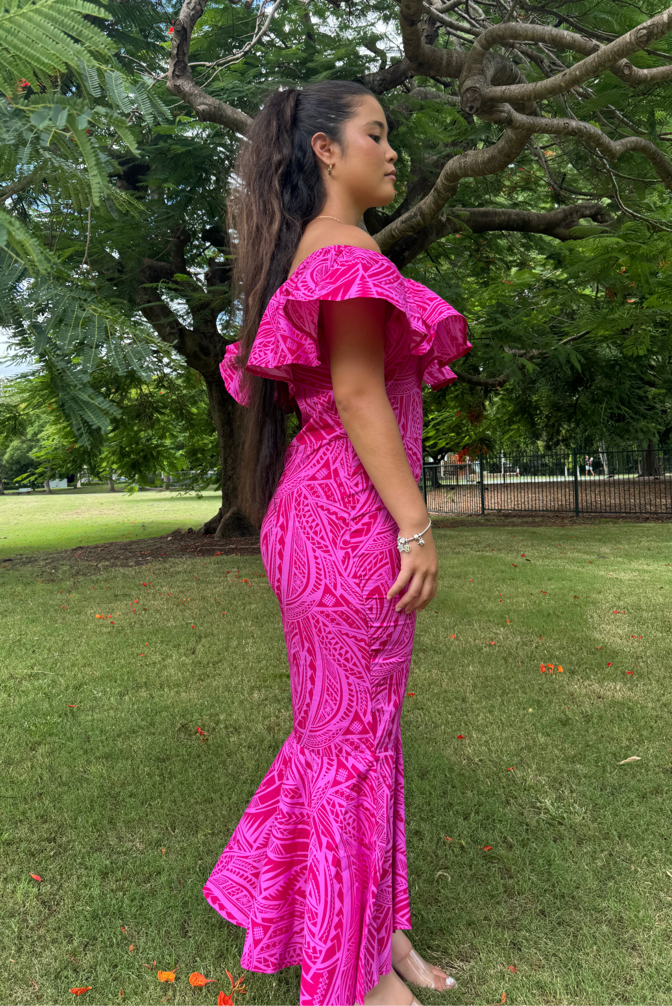 LEIA DRESS - OFF SHOULDER FRILL MAXI DRESS - HOT PINK