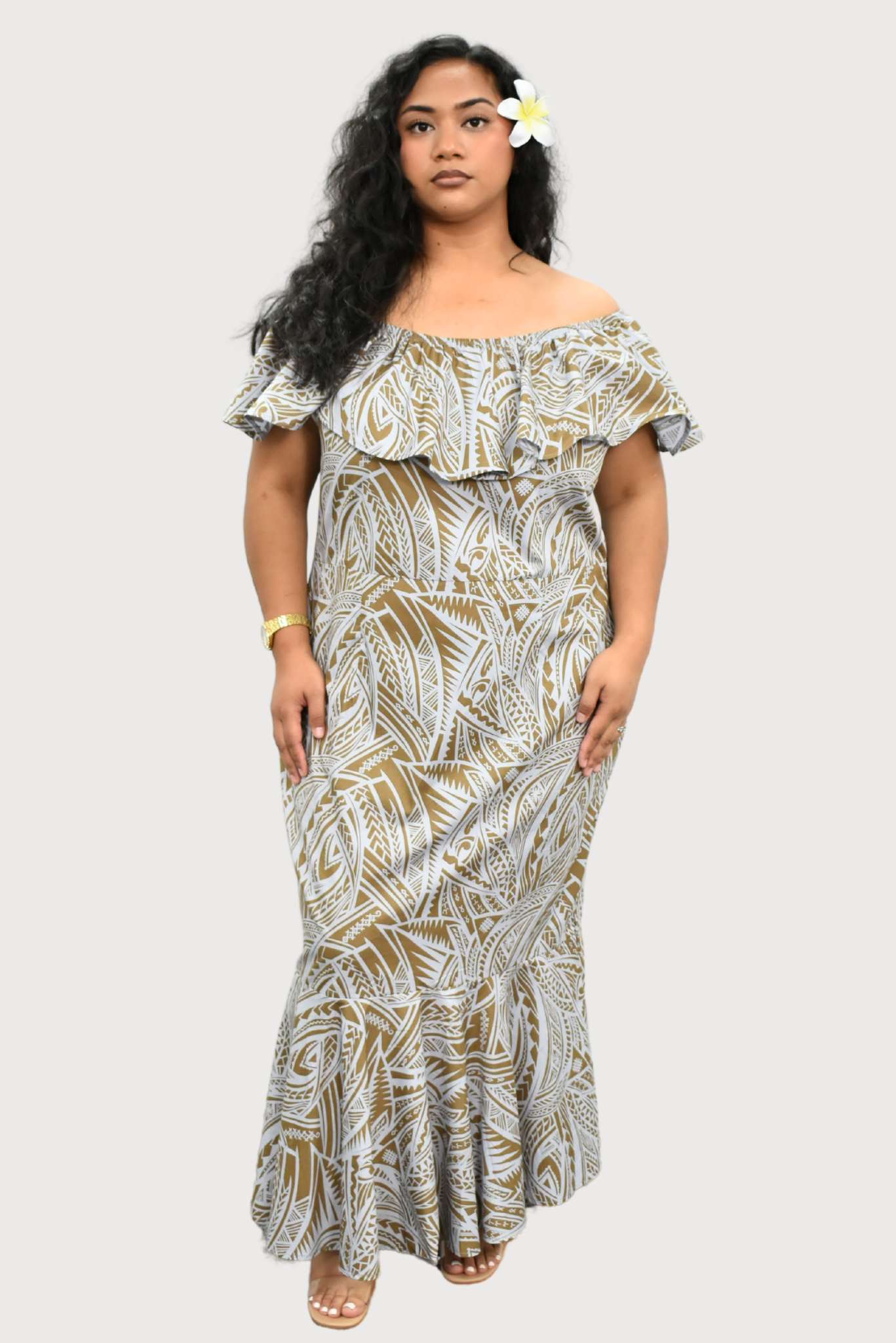 KALANI - OFF SHOULDER FRILL MAXI DRESS - GREY & BEIGE