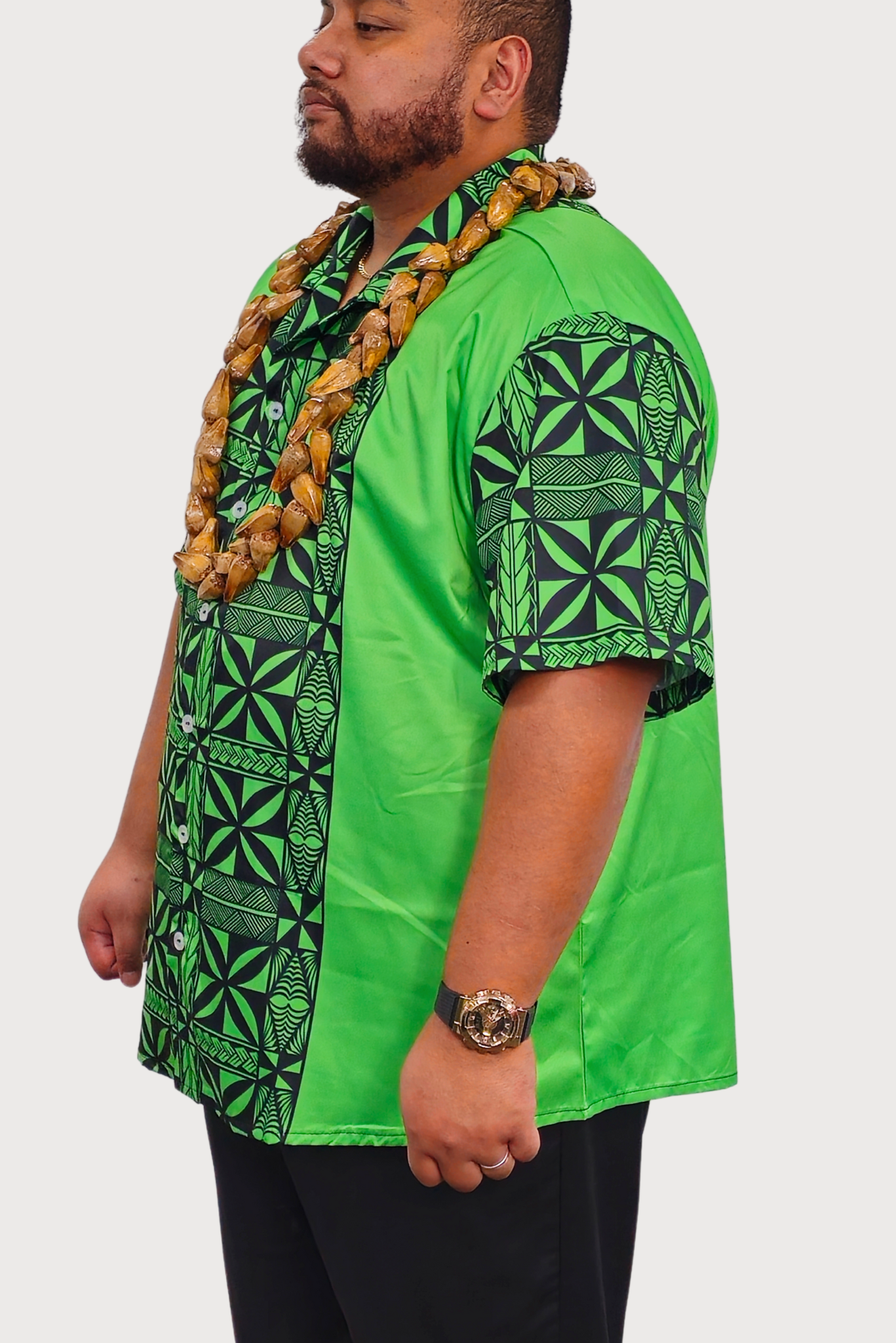 HOLMES MENS SHIRT - COLLARED BUTTON V NECK - BLACK & GREEN