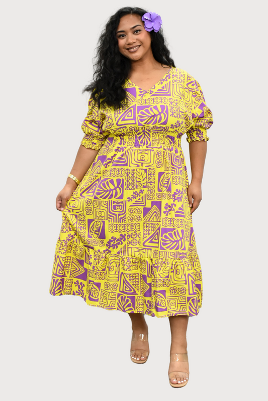 ANNA DRESS - ELASTIC WAIST A-LINE DRESS - YELLOW & PURPLE