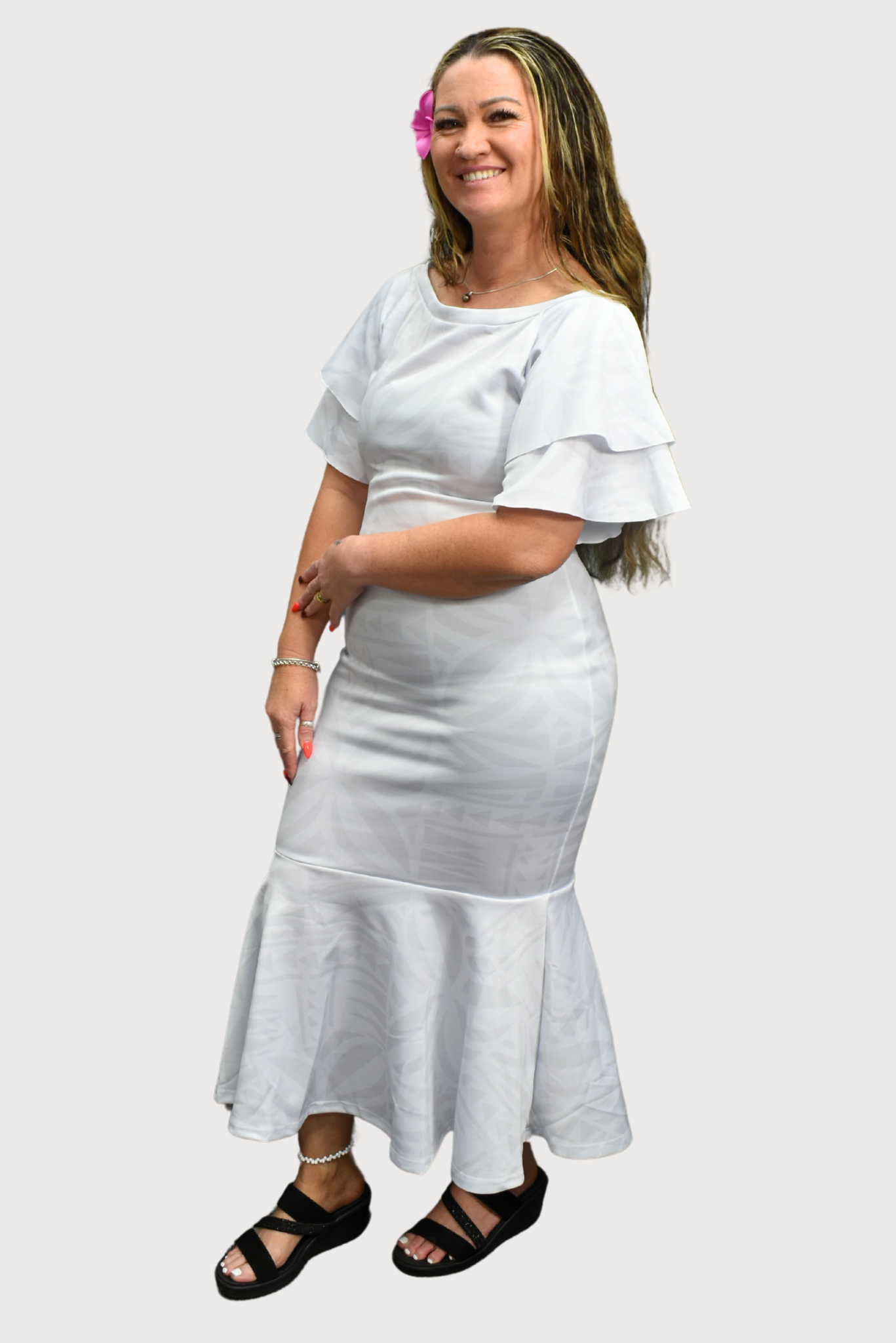 Meresina Dress - White Mermaid Dress with Double Layered Sleeves