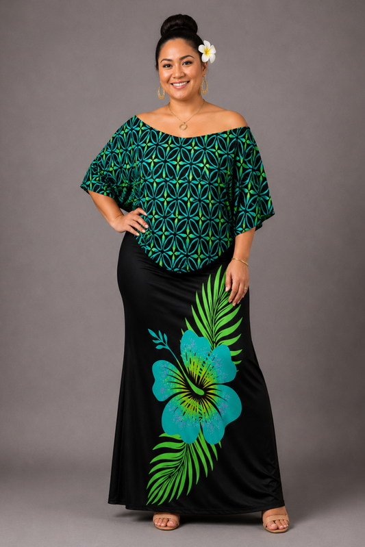 (PRE-ORDER) CAPE MAXI DRESS - GREEN & BLACK FLORAL