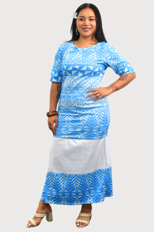 TALIA PULETASI - ROUND NECK PULETASI - TWO PIECE OUTFIT - BLUE & WHITE