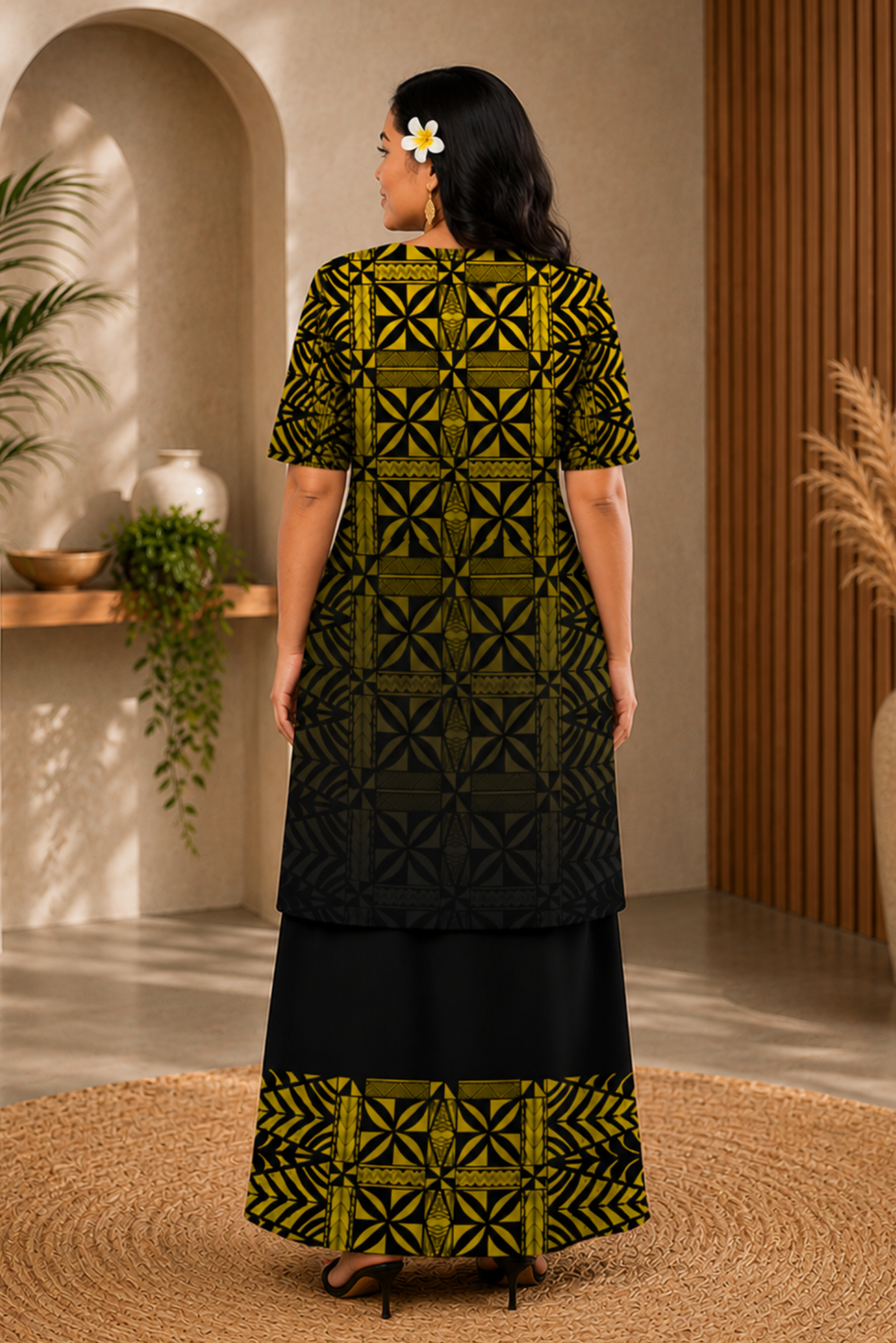 (PRE-ORDER) ROUND NECK LAYERED PULETASI - TWO PIECE OUTFIT - YELLOW & BLACK