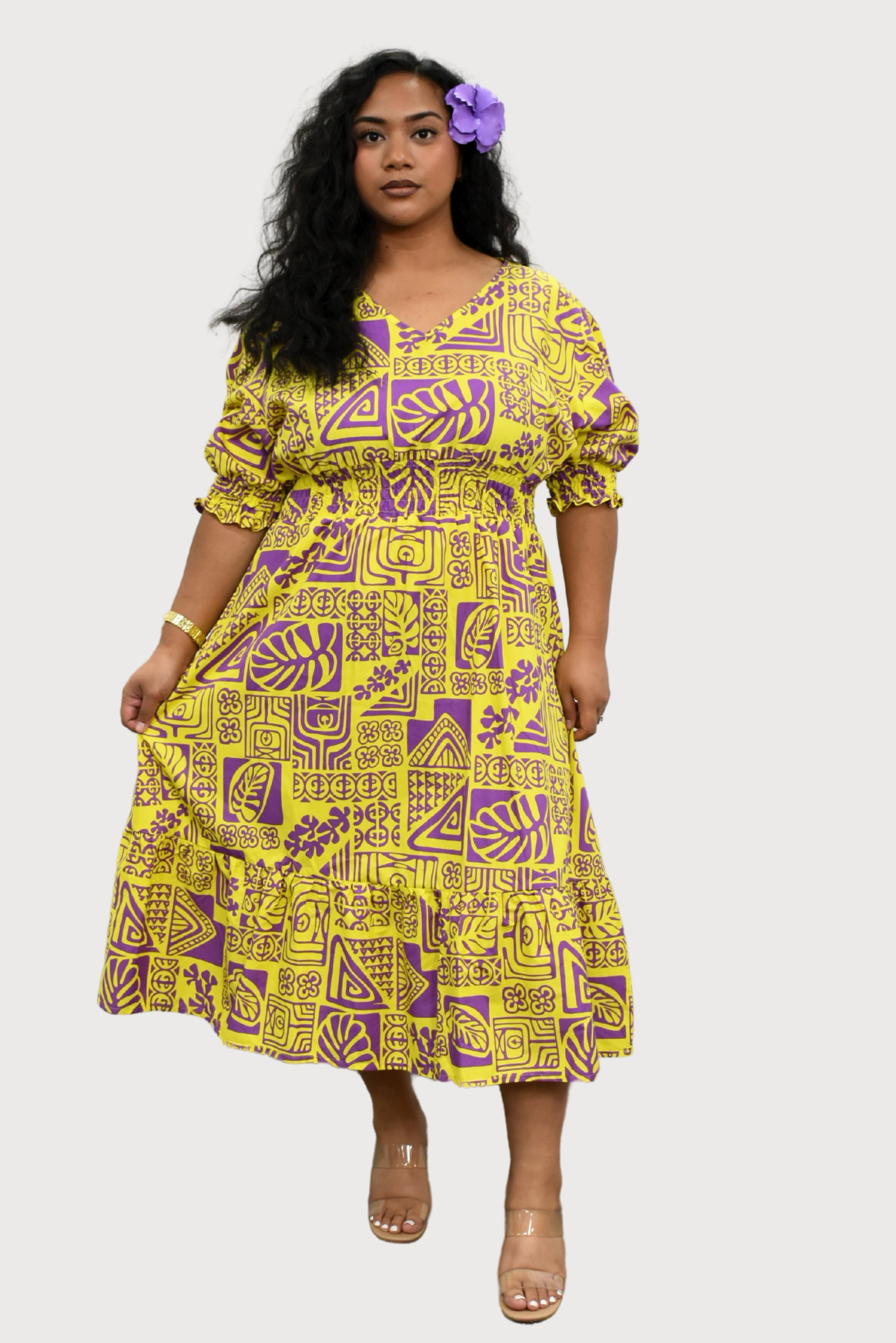 ANNA DRESS - ELASTIC WAIST A-LINE DRESS - YELLOW & PURPLE
